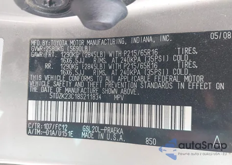 2008 Toyota Sienna Le из США, поврежденный, VIN 5TDZK23C18S211834